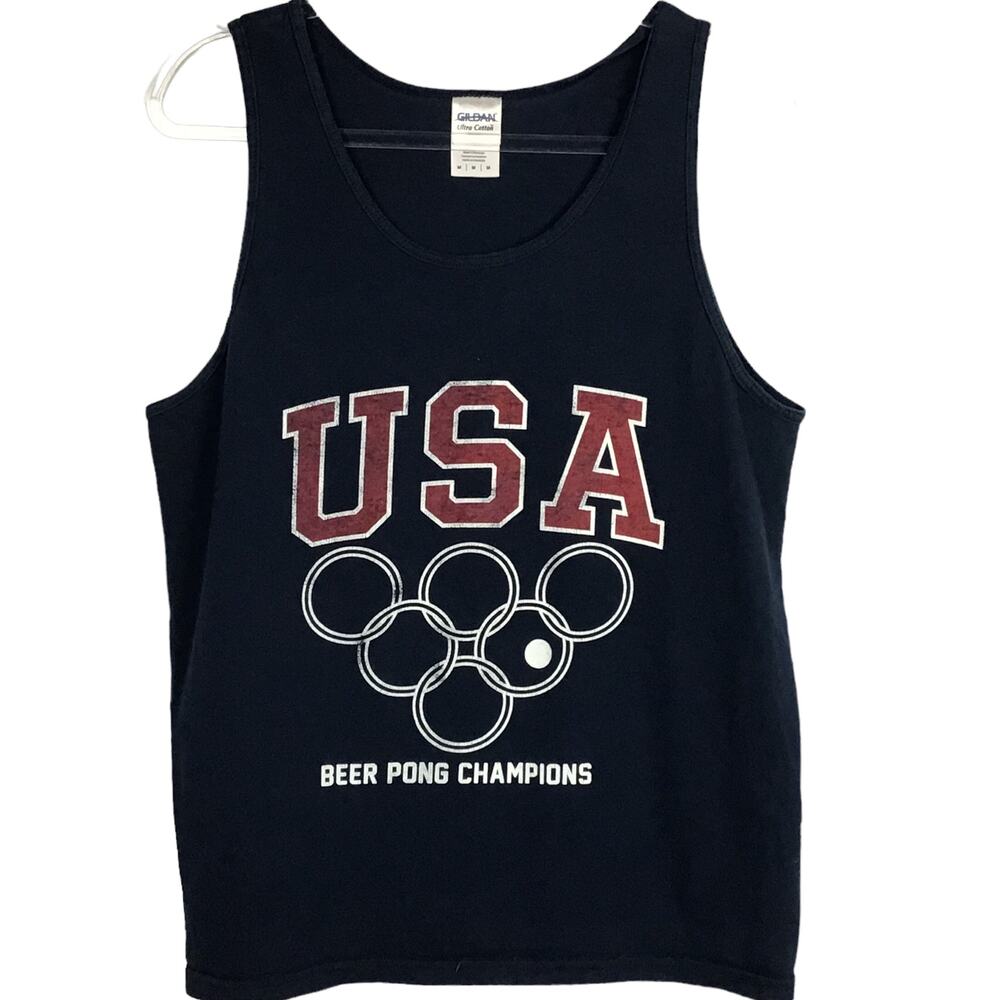 USA Navy Blue Red Olympic Rings Beer Pong Champion Tank Top sz Medium